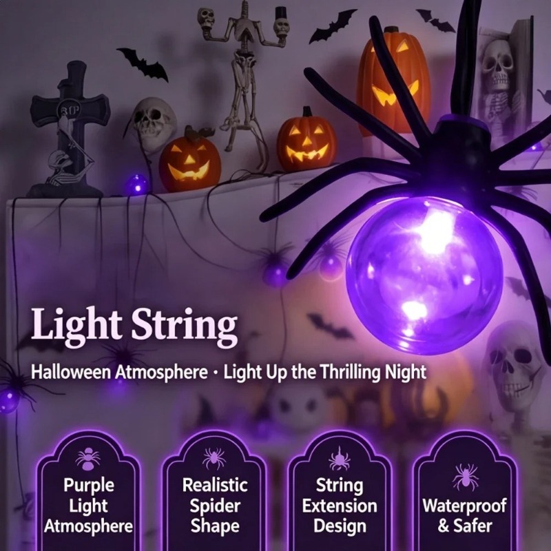 Outdoor Lighting Halloween - Battery Powered Spider LED String Lights,